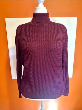 Barry Bricken 100% Silk Plum Cable Knit Turtleneck Sweater Size XL